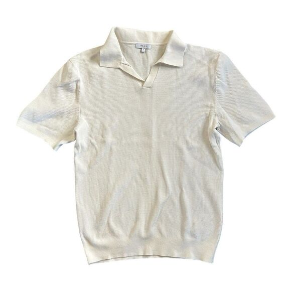 Reiss Mens Large Textured Knit Open Collar Polo Shirt White - Picture 1 of 10